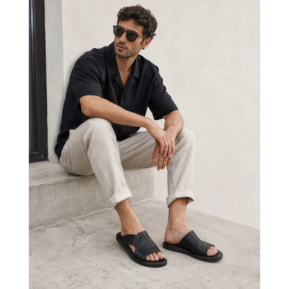 Hugo Boss Mens Black Leather Slides Made in Italy Sandals 18414 8060 Size 43